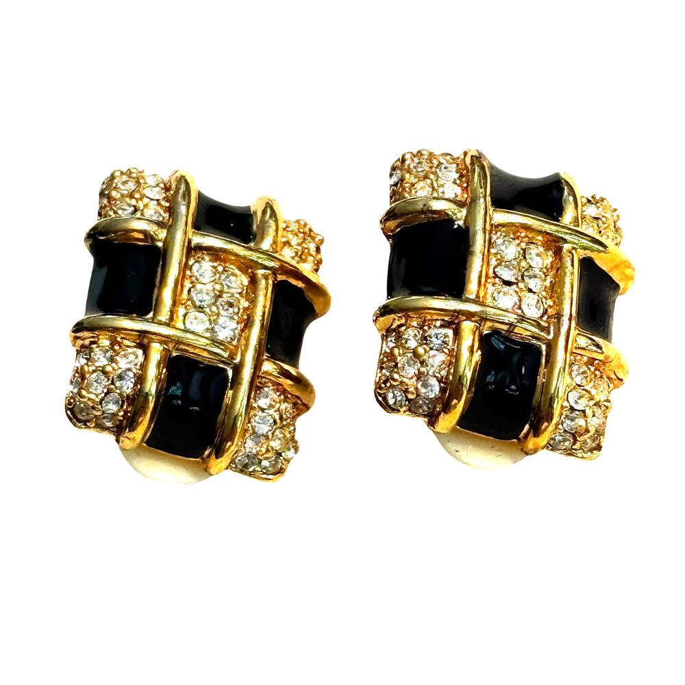 Clip on earrings gold & black enamel and rhinestones rectangular dressy career